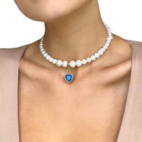 Pearls Choker With Blue Heart