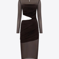 Brown dress with sheer sleeves on a white background