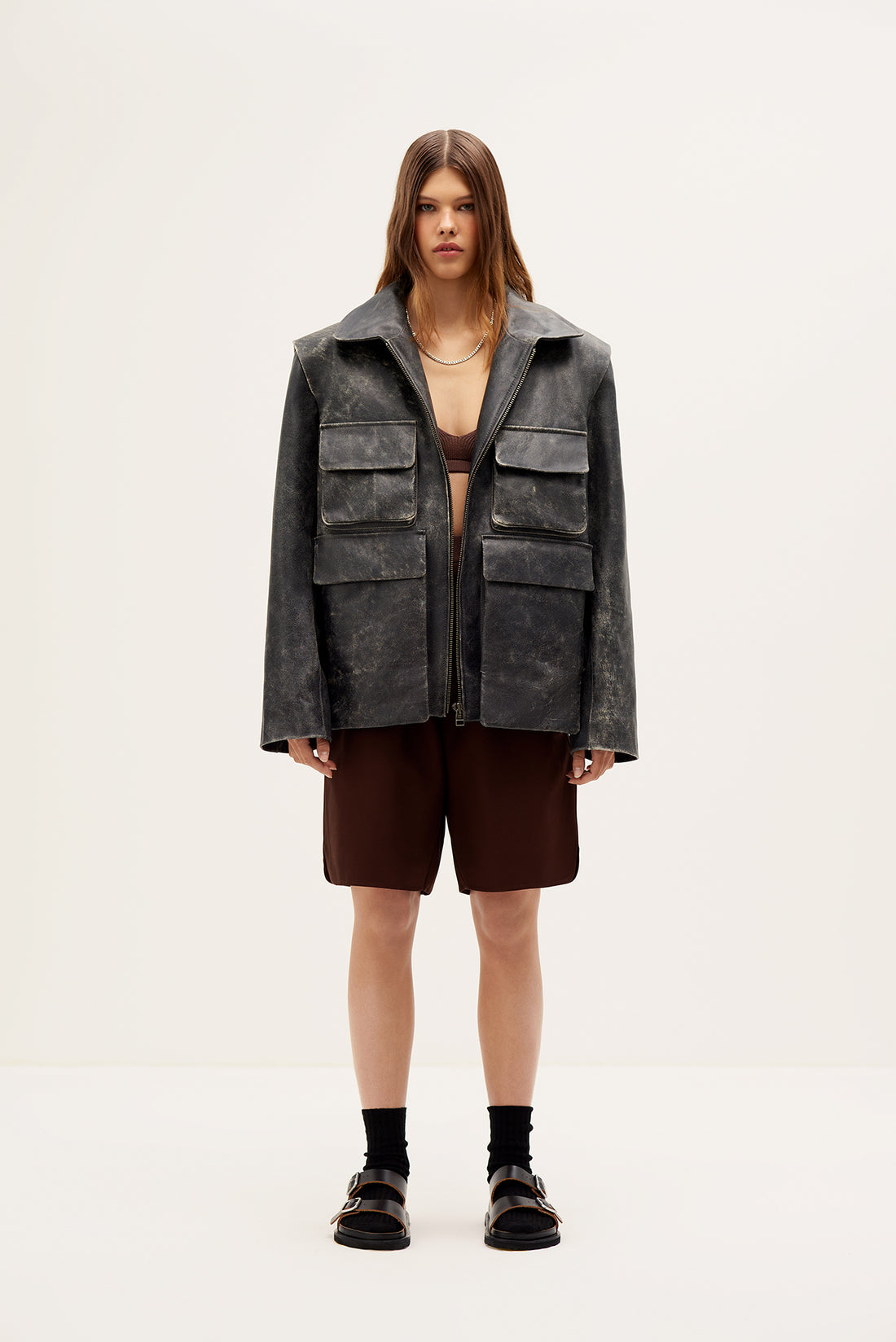 Leather Bomber Jacket with Pockets