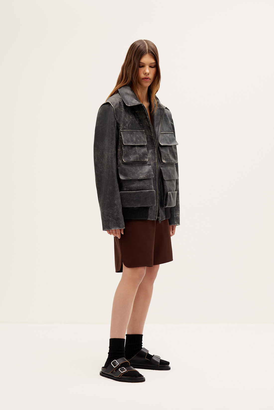 Leather Bomber Jacket with Pockets