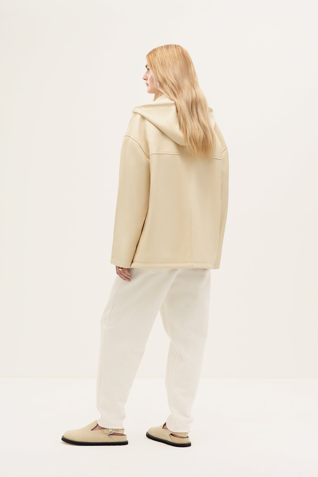 Hooded leather bomber jacket in milk