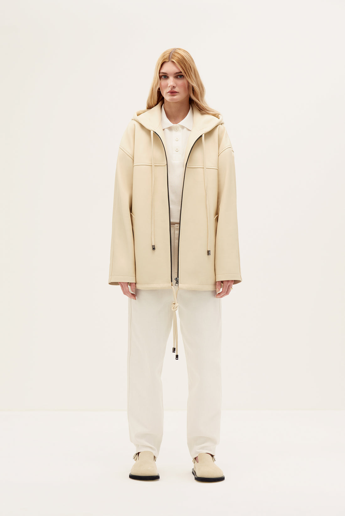 Hooded leather bomber jacket in milk