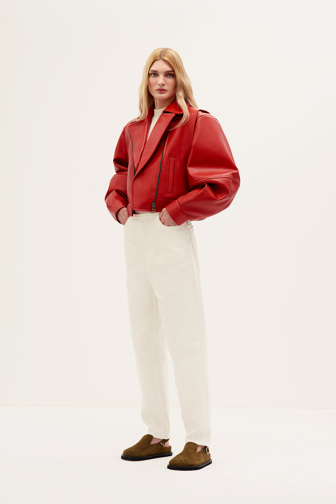 Leather biker jacket in red