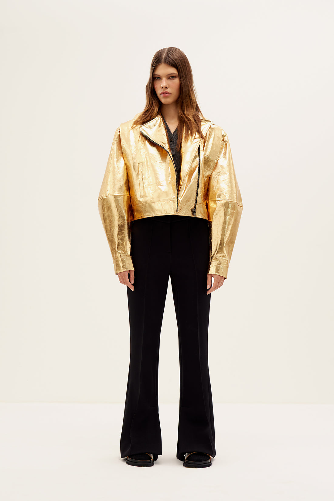 Leather biker jacket in gold
