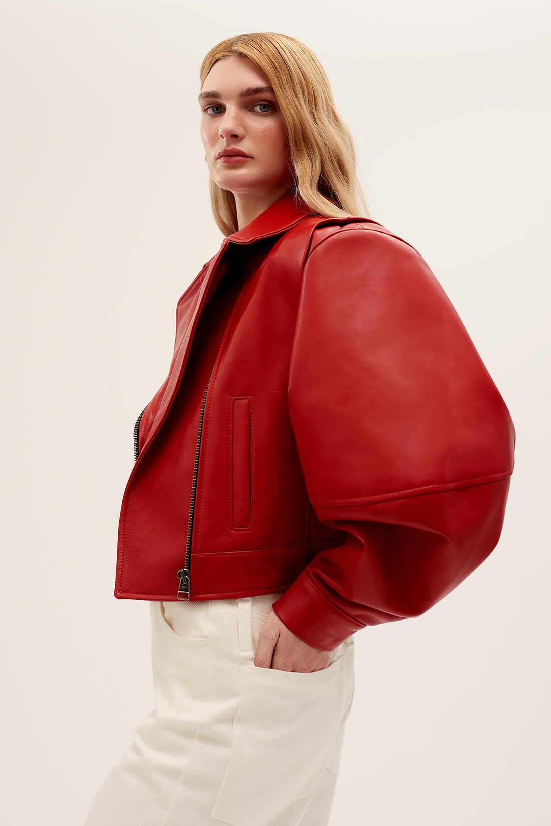 Leather biker jacket in red