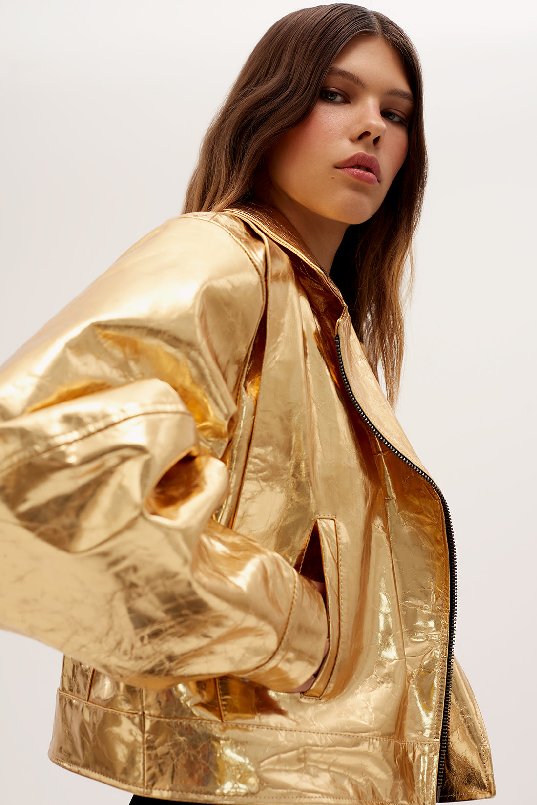 Leather biker jacket in gold