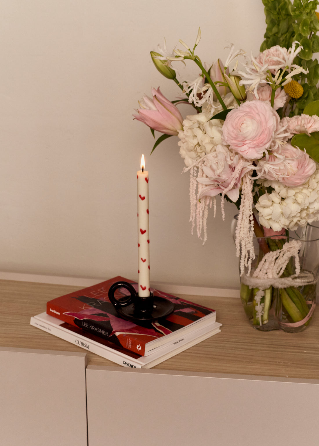 Red Hearts Taper Candles in white