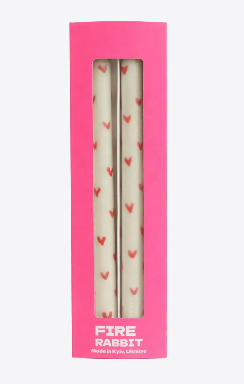Red Hearts Taper Candles in white