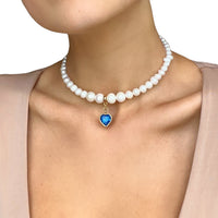 Pearls Choker With Blue Heart
