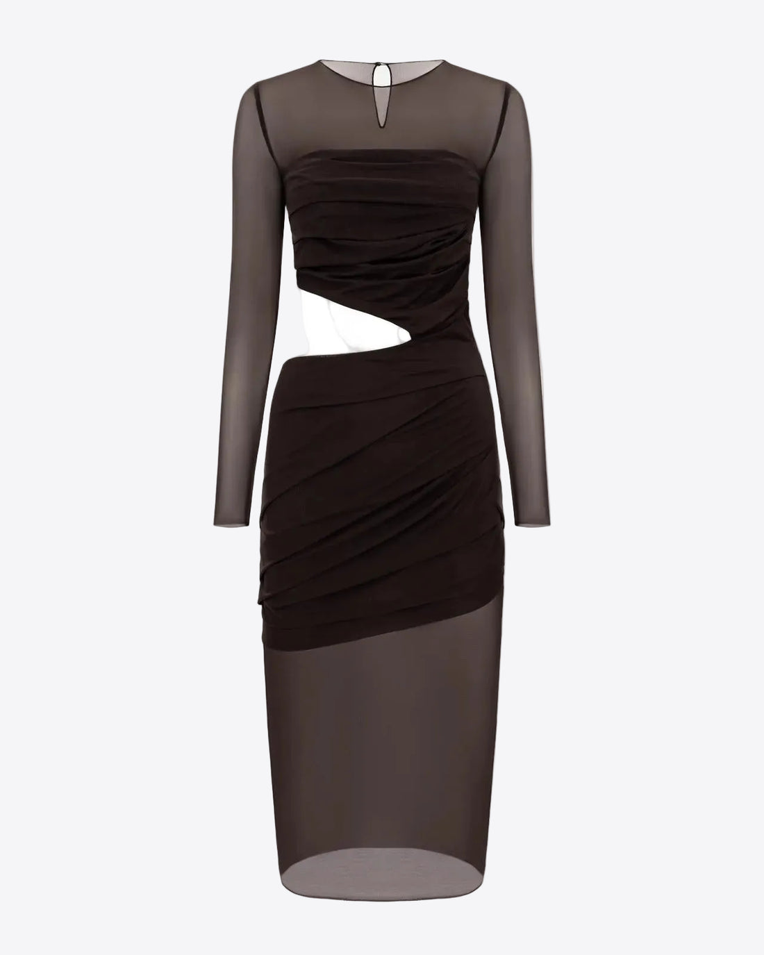 Brown dress with sheer sleeves on a white background