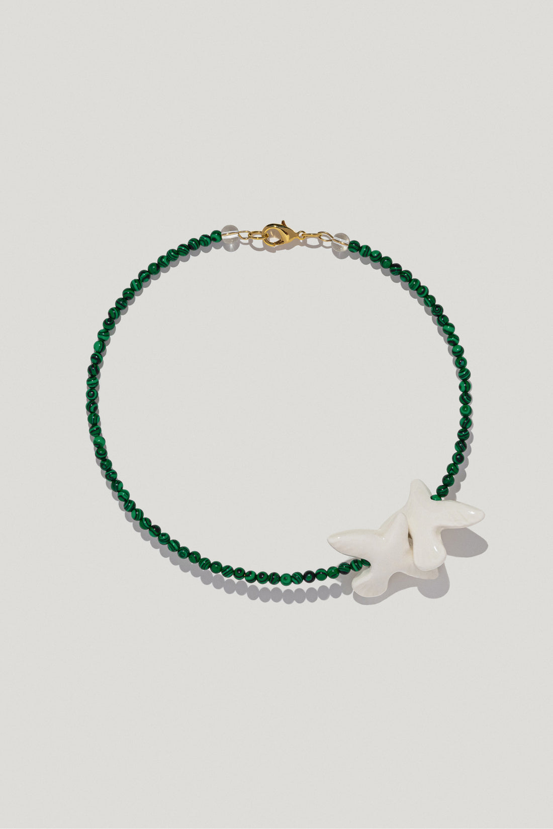 Myrni small-sized malachite necklace with two porcelain birds