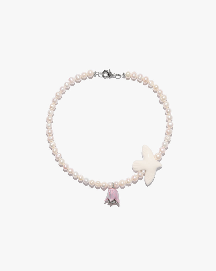 Polysk pearl necklace with bird and lilac bell flower