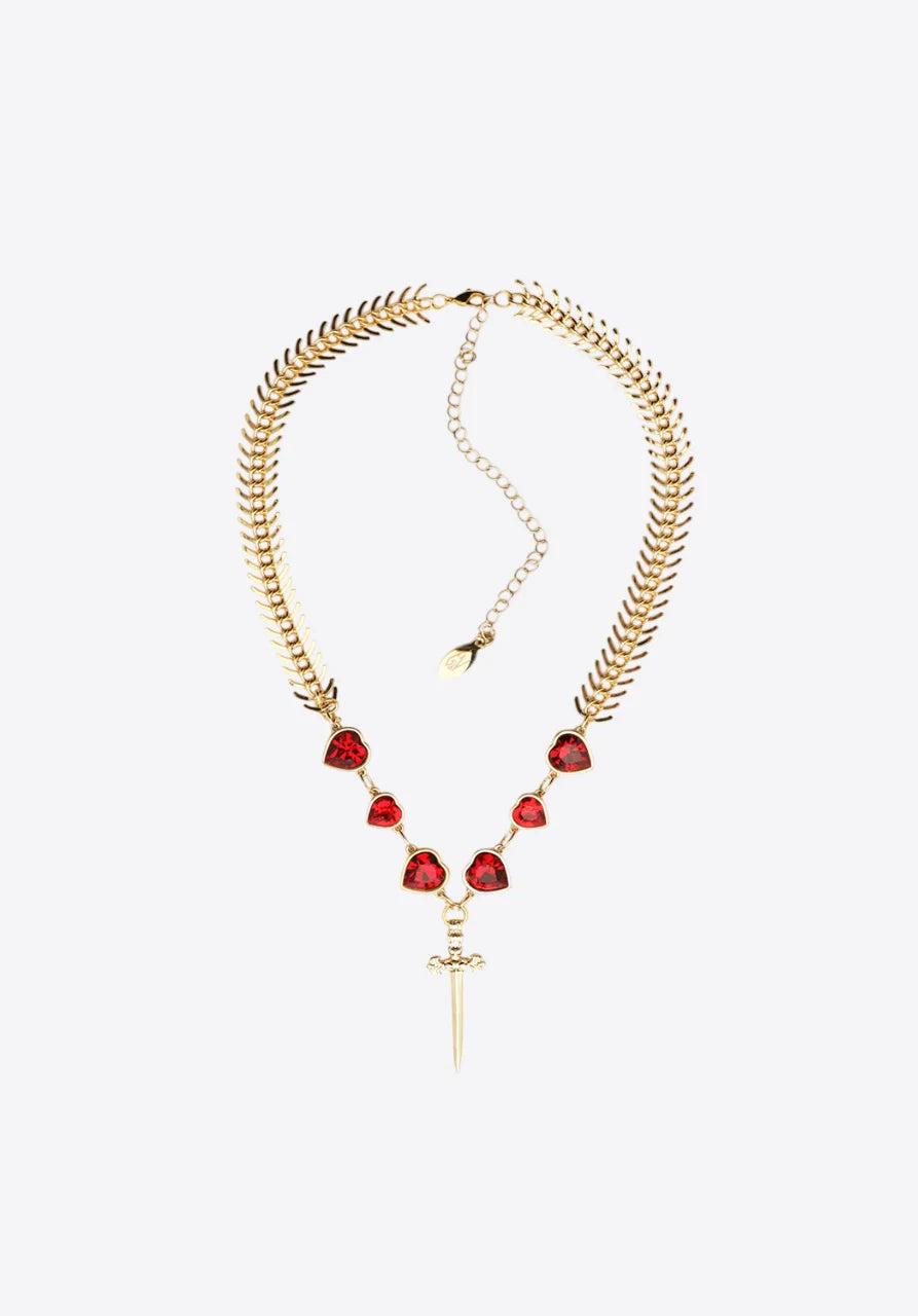 Sword and red hearts necklace