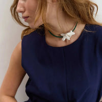 Myrni small-sized malachite necklace with two porcelain birds