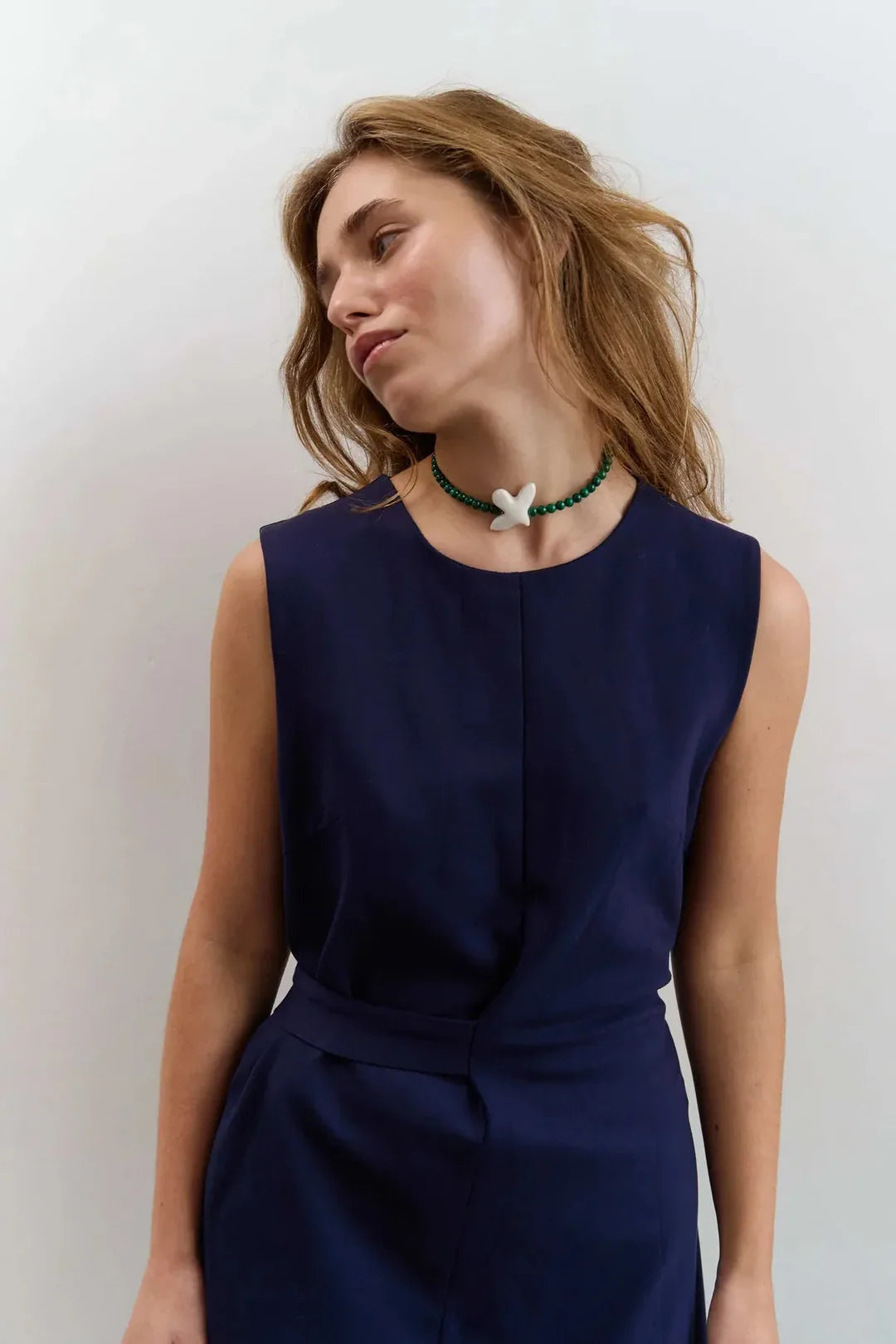 Myrni medium-sized malachite necklace with porcelain bird